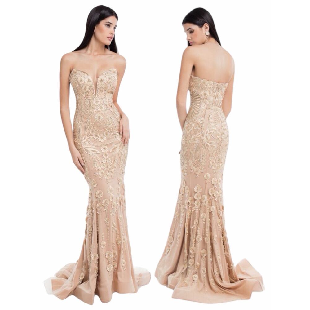 Terani Couture Pageant Gown Evening Dress Champhgne 1822GL7514 Size 14